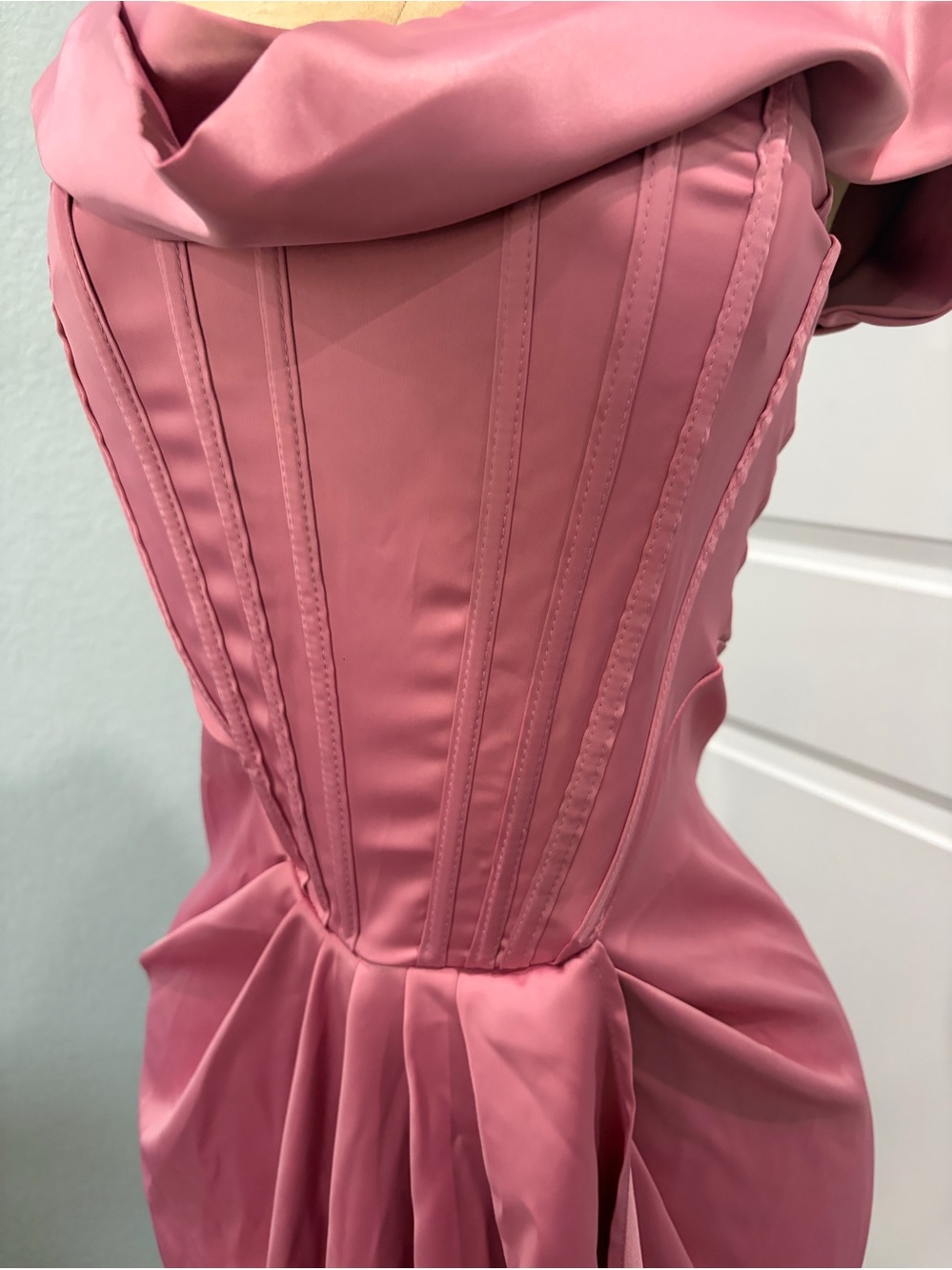 One-Shoulder Rose Pink Cocktail Dress with Draped Skirt - Picture 7 of 15